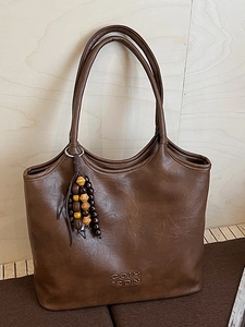 Grand Sac Tote en Cuir PU Vintage pour Femme Minimaliste Sac à Épaule Urbain Avec Charme en Perles de Bois Sac à Main Rétro Commuter