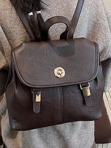 Vintage dark brown faux leather backpack with metallic buckles for women fashion