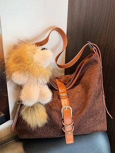Retro Woven Texture Large Capacity Tote Bag For Women Vintage Frosted Synthetic Leather Shoulder Bag With Animal Pendant