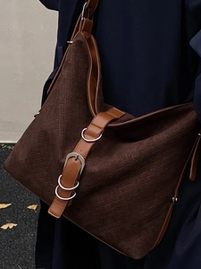 Vintage dark brown woven tote bag with leather straps and silver metal rings