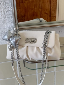Women Pleated Small Square Bag Fashion Chain Strap Rhinestone Buckle Ribbon Heart Pendant Sweet PU Leather Shoulder Crossbody Bag