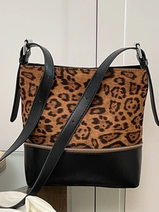 Women Suede Synthetic Leather Patchwork Tote Bag Large Capacity Vintage Leopard Print Shoulder Crossbody Bag For Work Daily
