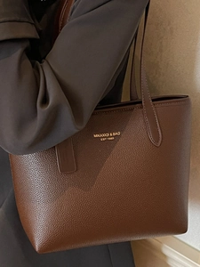 Large capacity dark brown lychee leather tote bag for women with gold logo print
