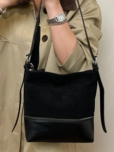 Large capacity black suede patchwork tote bag for women showing crossbody shoulder carry
