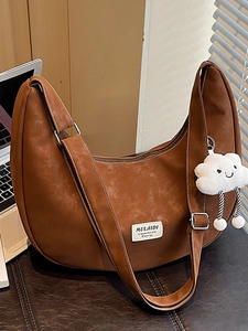 Large Capacity Flannel Crescent Shoulder Bag For Women Urban Minimalist Stitching Crossbody Bag With Cloud Pendant Hobo Bag