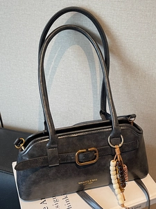 Retro grey matte shoulder bag with long handle and beaded charm for work