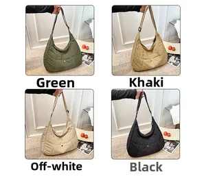 Detailed comparison of four quilted tote bags in green, khaki, beige, and black colors