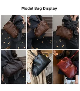 Collage of large retro tote bags in four colors showing commute style and capacity