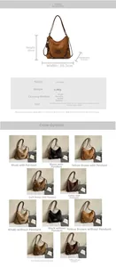 Detailed chart showing PU suede backpack dimensions and five available vintage colors