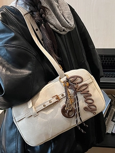 Minimalist cream white shoulder bag in matte PU leather with retro belt buckle details