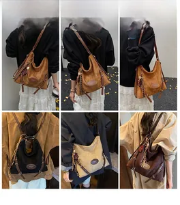 Collage of model wearing vintage suede tote bags in brown, black, beige, and coffee colors