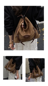Detailed macro view of the brown suede bucket bag with leather strap and tassel detail