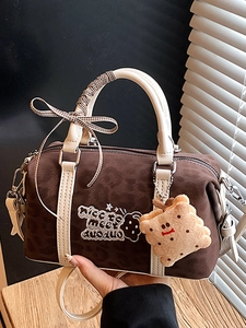 Women Vintage Boston Bag Leopard Print PU Leather Shoulder Crossbody Bag With Cookie Pendant Ribbon Bow Embroidered Handbag
