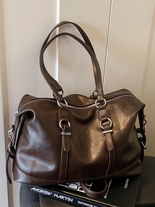 Retro Women Large Capacity Tote Bag PU Leather Shoulder Crossbody Handbag With Silver Ring Decor Office Lady Commute Purse