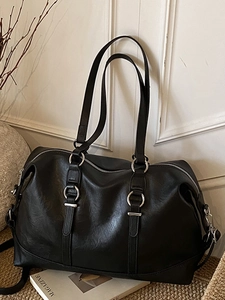 Retro black tote bag for women with silver metal rings and large capacity shoulder strap