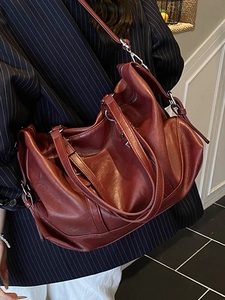 Retro deep red large capacity soft leather tote bag for women with adjustable straps