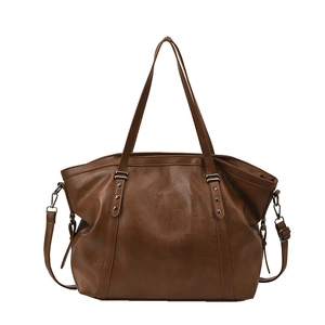 Retro brown PU leather tote bag with star studs and adjustable shoulder strap for women