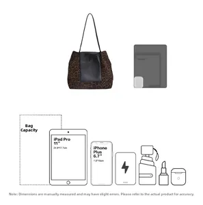 Detail showing the large capacity of leopard print tote bag fitting an 11-inch iPad Pro
