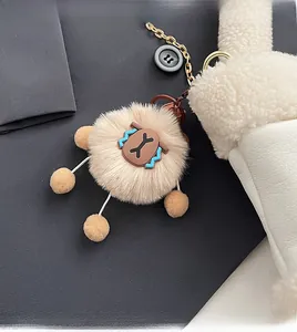 Détail d'un charme en peluche avec fourrure synthétique et chaîne dorée sur le sac