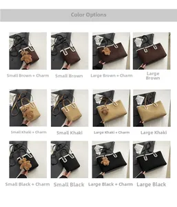 Confronto di borse tote in peluche nei colori caffè, khaki e nero con ciondoli orso