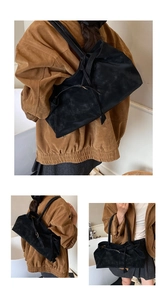 Detailed views of a black suede tote bag with adjustable straps in various styling poses
