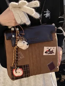 Retro brown contrast crossbody bag with cute puppy patch and plush pendant detail