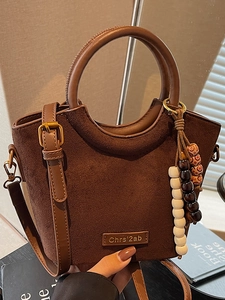 Women Fashion Suede PU Leather Bucket Bag Round Handle Beaded Pendant Crossbody Shoulder Bag Leopard Print Handbag