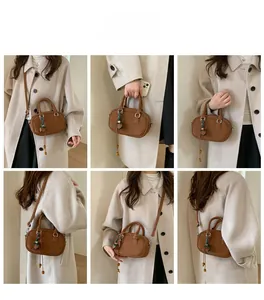 Collage showing a brown retro handbag worn as a handbag, shoulder bag, and crossbody bag