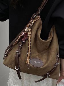 Brown large capacity suede hobo bag with vintage leather strap and metal ring details