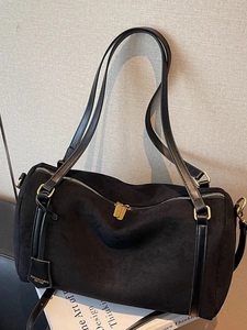 Retro black faux suede Boston bag with gold hardware and large capacity for women