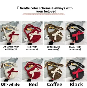 Détails de sacs à bandoulière en peluche macaron avec nœuds en plusieurs couleurs