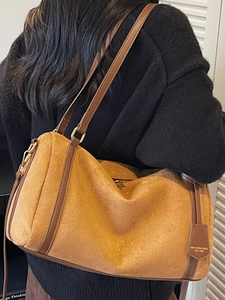 Vintage caramel suede Boston bag for women with large capacity and shoulder strap style