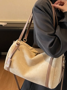 Retro large capacity beige suede tote bag with brown leather handles for women