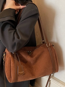 Brown suede Boston bag for women, spacious vintage shoulder bag with leather strap