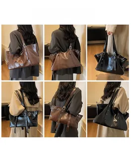 Detailed views of leather tote bag showing rivets and adjustable straps from various angles