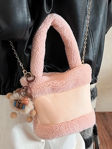 Sac seau rose en peluche pour femme avec un mignon pendentif ours brun en peluche