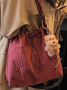 Chic red checkered canvas tote bag with cute plush bear pendant and drawstring detail