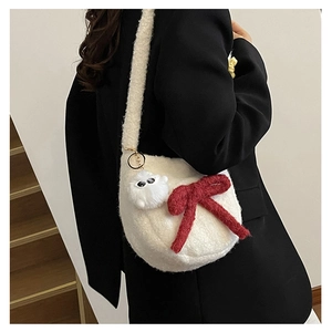 Sac à bandoulière en peluche blanche en demi-lune avec nœud rouge et pompon mignon