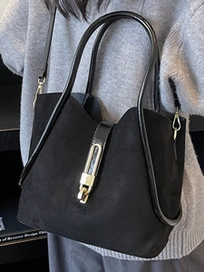 Retro black matte suede tote bag with golden buckle for women, autumn fashion handbag