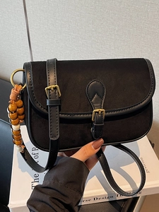 Petit Sac Bandoulière Carré en Tissu Flocage Retro pour Femmes Avec Pendentif en Perles de Bois Sangle Réglable Sacoche Casual