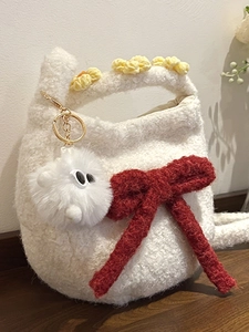 Sac à Épaule Kawaii en Peluche avec Nœud pour Femme Doux et Moelleux Sac à Bandoulière pour Téléphone Mode Automne Hiver