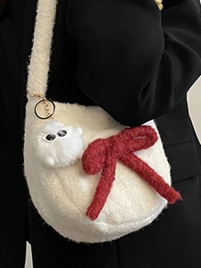 Sac à bandoulière blanc en peluche macaron avec gros nœud rouge et pendentif mignon