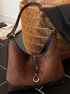 Korean Suede PU Leather Shoulder Bag Large Capacity Contrast Stitching Tote Bag For Women Vintage Hobo Bag Daily Office Casual Travel Bag