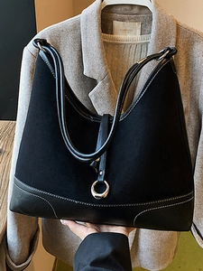 Matte and smooth leather hobo bag with contrast stitching and silver ring decor