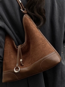 Brown frosted leather large hobo shoulder bag with contrast stitching for women