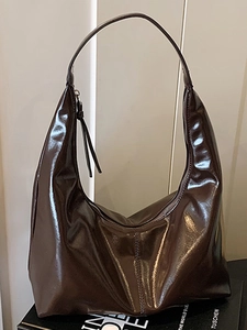 Women Retro Glossy PU Leather Hobo Shoulder Bag Large Capacity Minimalist Commuter Underarm Tote Bag With Zipper Closure