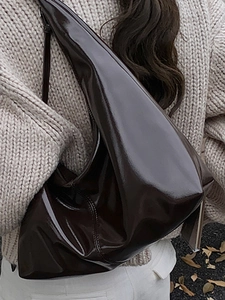 Retro dark brown high-gloss patent leather tote bag with large capacity shoulder strap