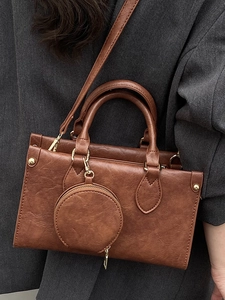Retro brown PU leather tote bag with round mini pouch and gold hardware accents