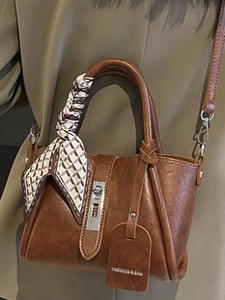 Retro dark brown PU leather bucket bag with silver clasp and geometric silk scarf