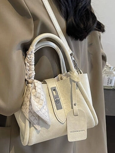 Chic beige PU leather bucket bag with silk scarf handle and silver twist lock